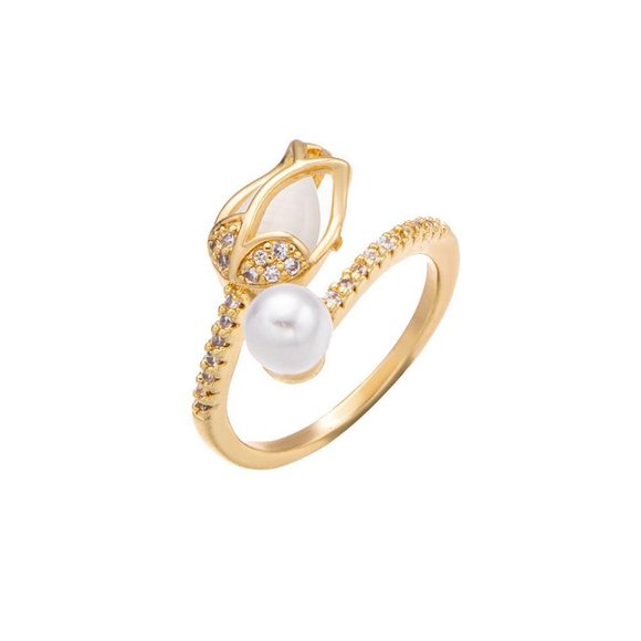 3/$35 Copper Flower Pearl Open Ring Adjustable Gold Tone Opal Cubic Zirconia - Picture 5 of 7